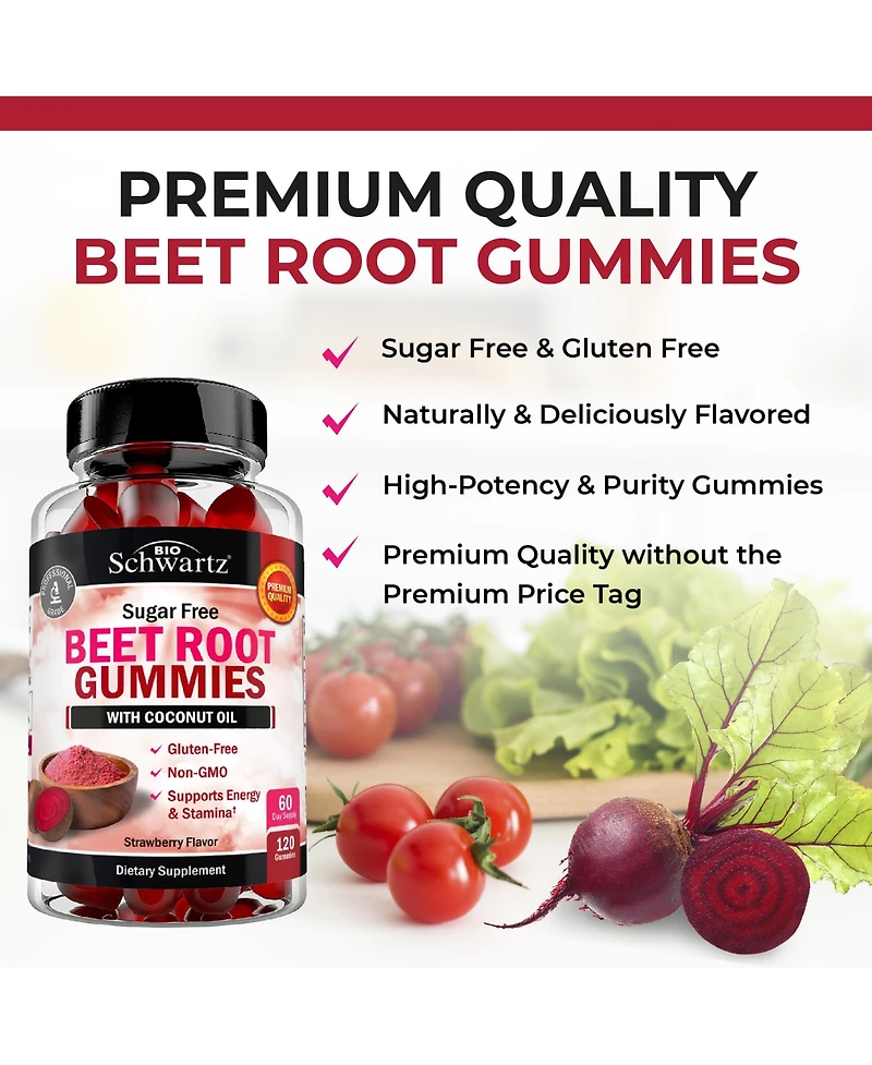 Sugar Free Beet Root Gummies - Nitric Oxide Beet Chews Infused with Coconut Oil for Highest Absorption - Supports Energy & Whole Body Health