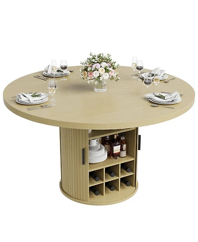homfan 47-Inch Round Dining Table for 4-6 with Hidden Storage and Wine Rack - Modern Wood Kitchen Table
