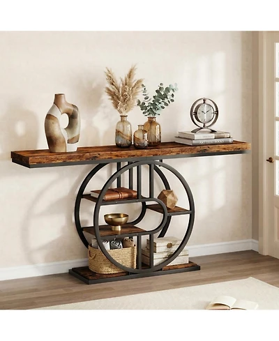 homfan 55 In Entryway Console Table with Storage Shelves, Narrow Industrial Sofa Table with O-Shaped Metal Frame