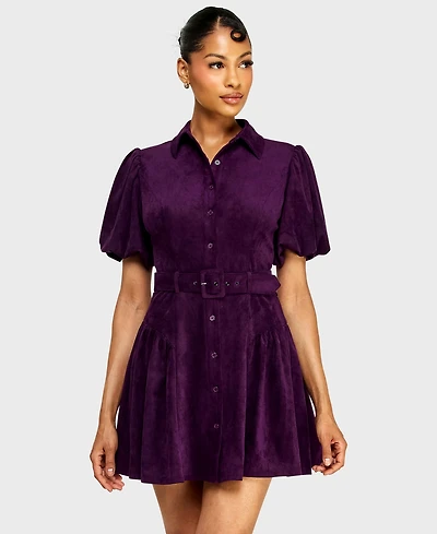 Alex & Sophia Juniors' Collared Neck Suede Belted Mini Dress