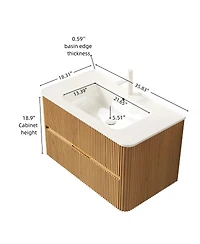Thirtypeachy 36" Modern Scandinavian Floating Bathroom Vanity, 2-Drawer Plywood Cabinet With Ceramic Sink, Pre-Assembled Retro Woodgrain