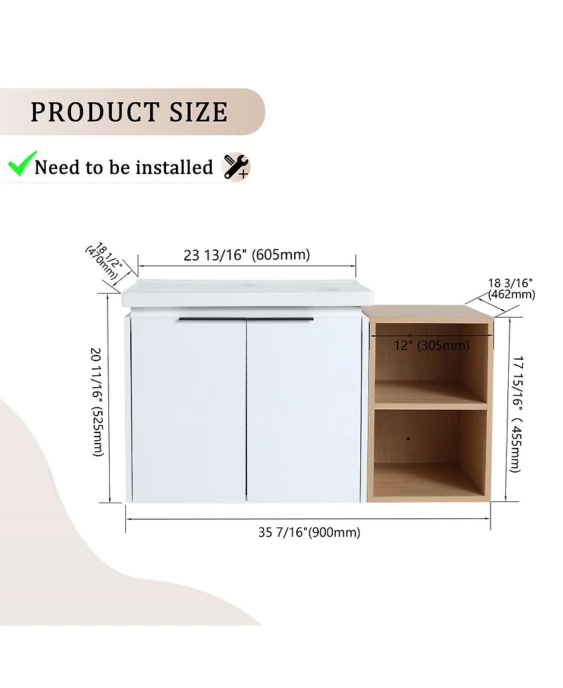 Sillysis Inch Wall Mounted Bathroom Vanity with Ceramic Sink, Storage Shelves, Soft Close Doors