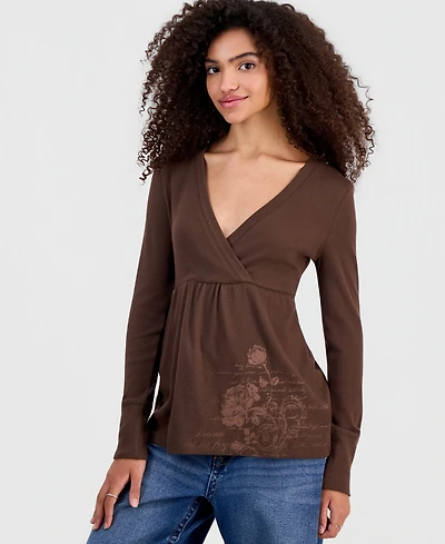Madden Girl Juniors' Printed Long-Sleeve Babydoll Top