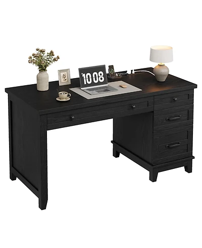 Gaomon Farmhouse Computer Desk with Charging Station, Rustic Black Home Office Executive Desk, Wooden Workstation with File Cabinet Storage Drawers
