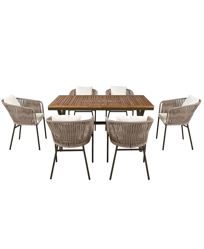 Asagikoiai 7 Piece Outdoor Dining Set with Acacia Wood Table and Rope Chairs