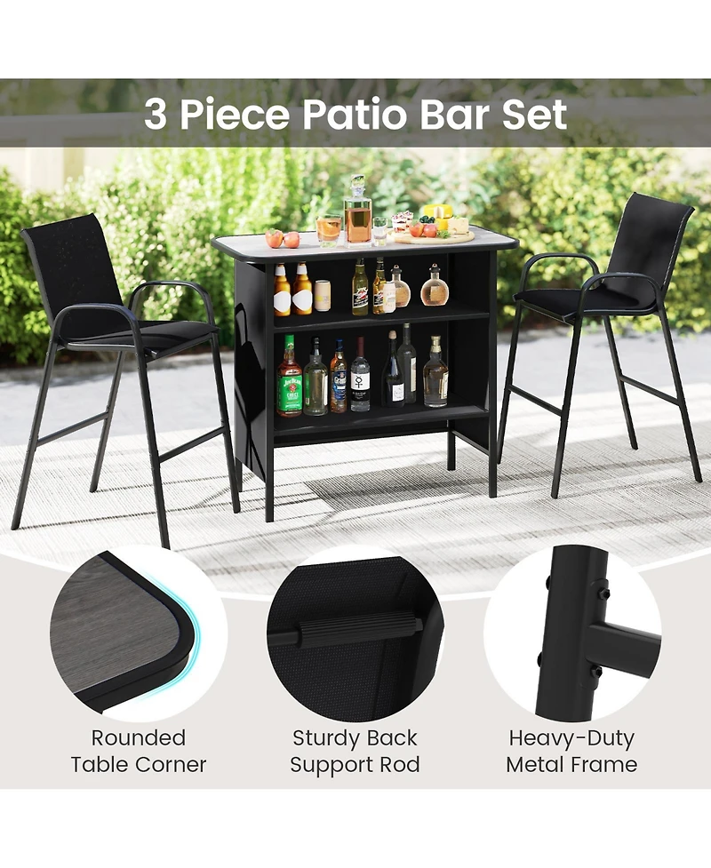 Gymax Set Of 3 Outdoor Bar Height Table and Armchairs with Footrest 2-Tier Shelf