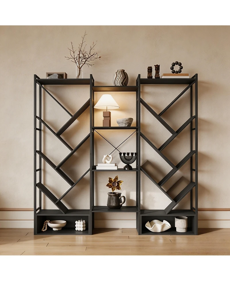 homfan Tree-Shaped 3-Tier Wide Bookshelf, Industrial Steel Frame 20 Open Shelf Storage Rack with Adjustable Feet, Home Office Display Organizer