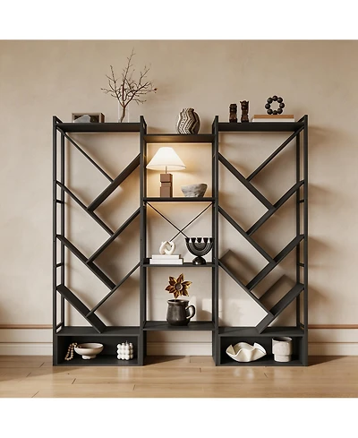 homfan Tree-Shaped 3-Tier Wide Bookshelf, Industrial Steel Frame 20 Open Shelf Storage Rack with Adjustable Feet, Home Office Display Organizer