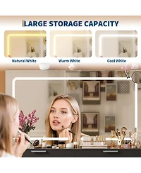 homfan Vanity Desk with Large Mirror and Lights, Set Power Outlet, Stool, 10 Drawers, Magnifying Glass, Hairdryer Holder, 3 Color Adjustable