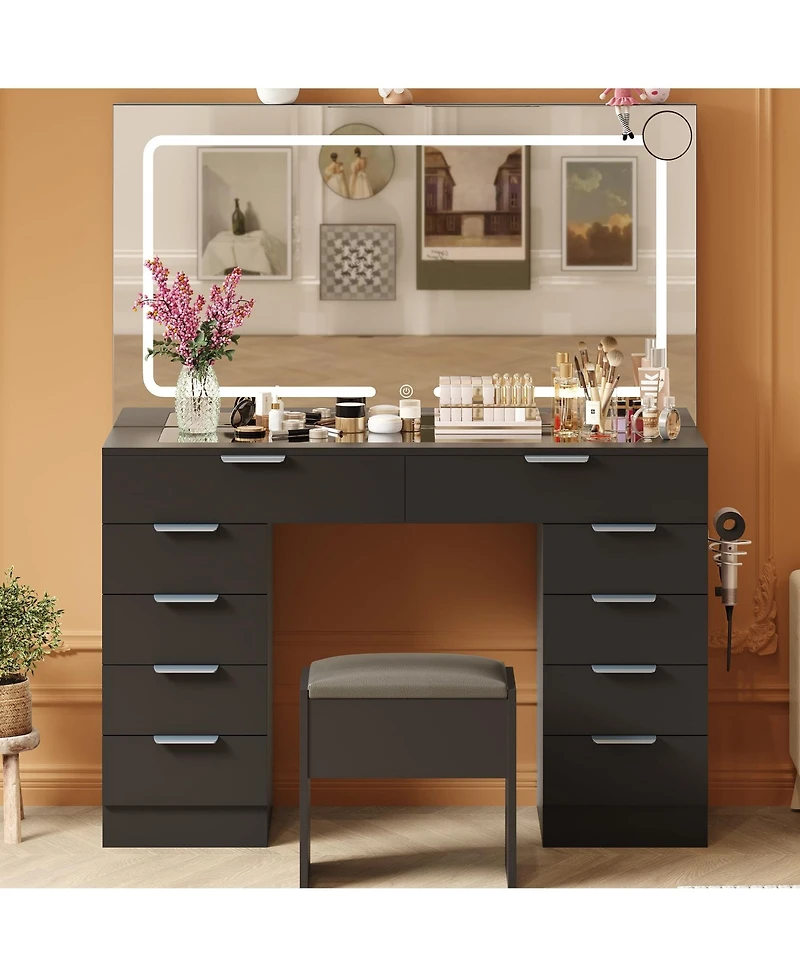 homfan Vanity Desk with Large Mirror and Lights, Set Power Outlet, Stool, 10 Drawers, Magnifying Glass, Hairdryer Holder, 3 Color Adjustable