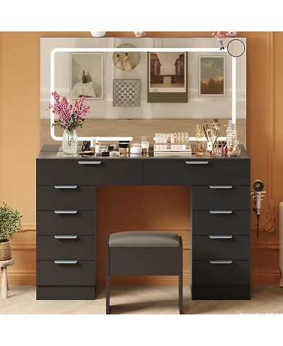 homfan Vanity Desk with Large Mirror and Lights, Set Power Outlet, Stool, 10 Drawers, Magnifying Glass, Hairdryer Holder, 3 Color Adjustable