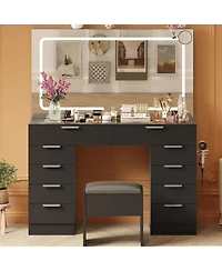 homfan Vanity Desk with Large Mirror and Lights, Set Power Outlet, Stool, 10 Drawers, Magnifying Glass, Hairdryer Holder, 3 Color Adjustable