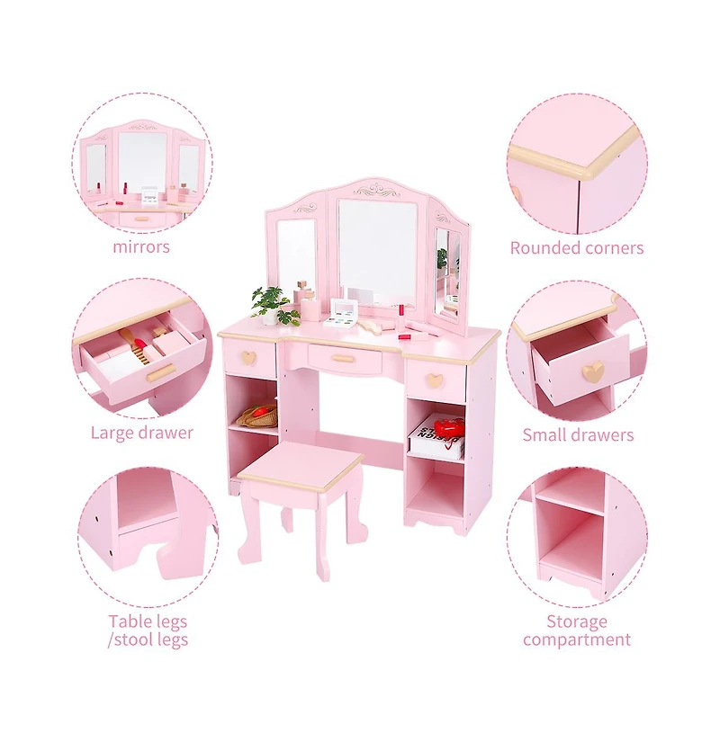 homfan Vanity Table and Chair Set with Tri-Fold Mirror – Wooden Princess Makeup Desk with 3 Drawers and Open Storage Shelves – Room Organization