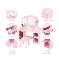 homfan Vanity Table and Chair Set with Tri-Fold Mirror – Wooden Princess Makeup Desk with 3 Drawers and Open Storage Shelves – Room Organization