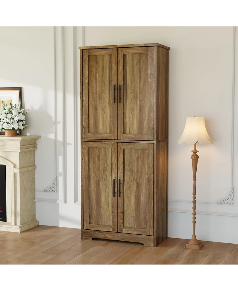 homfan Farmhouse Kitchen Pantry Cabinet, Tall Storage Cupboard with 4 Barn Doors, Adjustable Shelves for Kitchen, Dining Room, Living Room