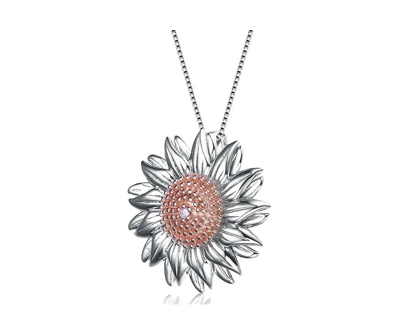 Genevive Unique Sterling Silver Two-Tone Sunflower Cz Pendant Necklace