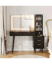 homfan Modern Fluted Vanity Desk 36" Led Mirror, Glass Top, 5 Drawers, 3-Tier Open Shelves, Built-in Charging Station, Dressing Table for Bedroom