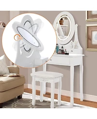 homfan Modern Vanity Desk with Led Lighted Oval Mirror, 3 Lighting Modes, Cushioned Stool, 3 Storage Drawers, Dressing Table Set for Bedroom