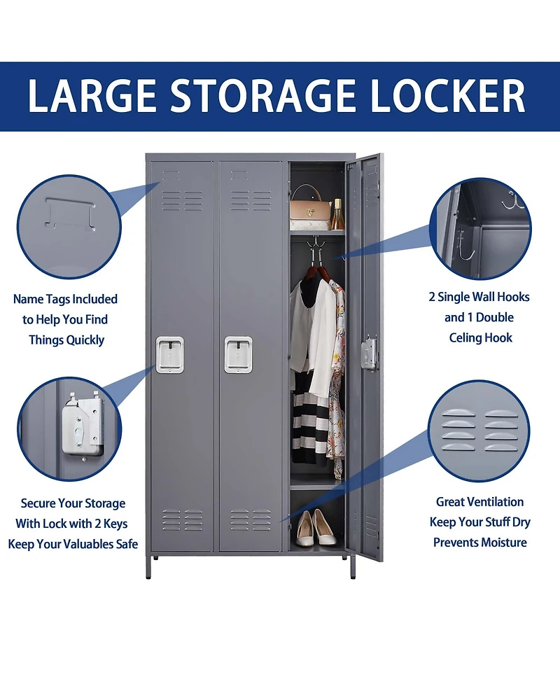 Boyel Living 3 Door 72"H Metal Lockers With Lock for Employees, Storage Locker Cabinet for Home Gym Office School Garage, Gray