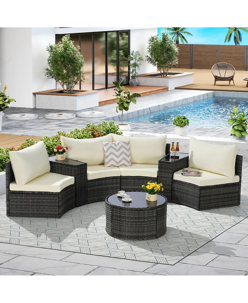Asagikoiai 7-Piece Outdoor Half-Moon Sectional Patio Furniture Set with Glass Table-Asagikoiai