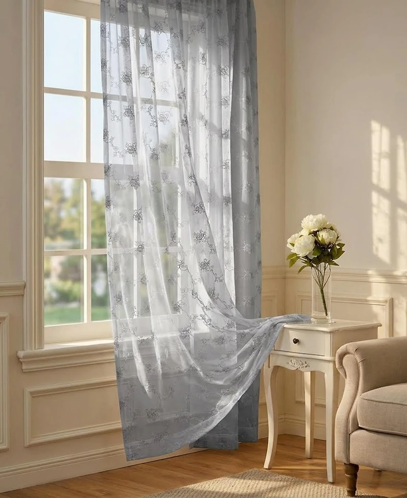 Shadisfy Sheer Voile Curtains with Rose Embroidery - Rod Pocket Ready 2 Panels