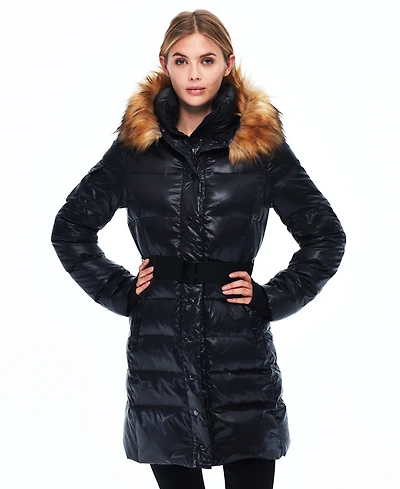 S13 Women's Faux-Fur Hooded Belted Shine Puffer Coat