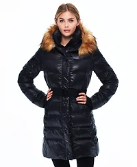 S13 Women's Faux-Fur Hooded Belted Shine Puffer Coat