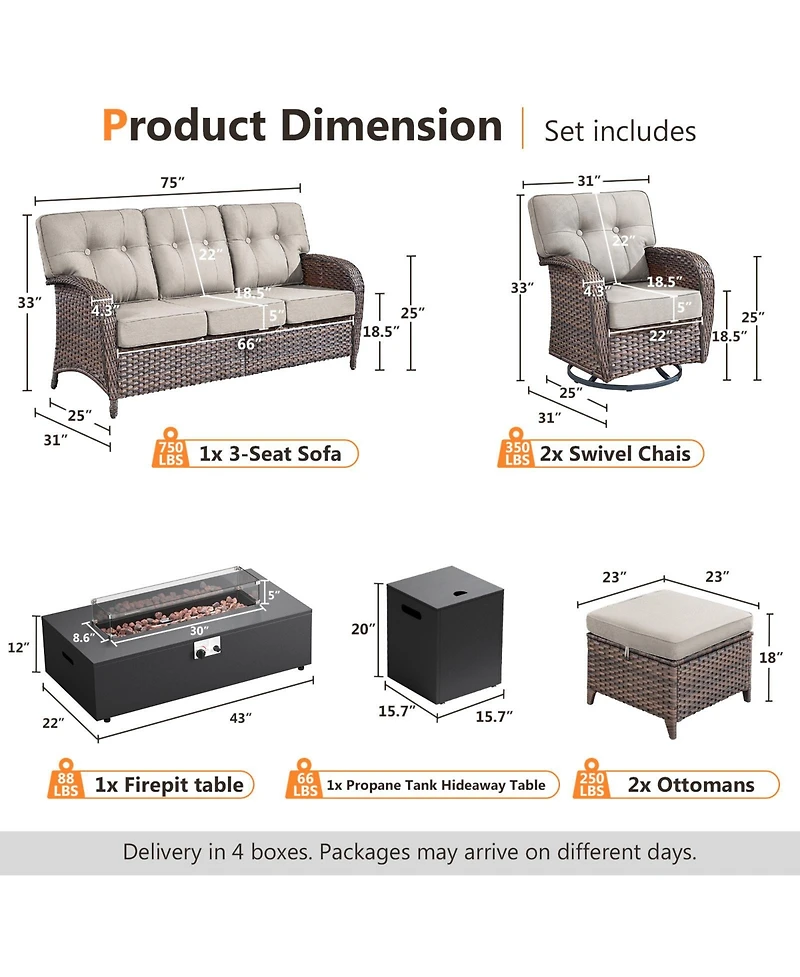 Pocassy 7 Pieces Outdoor Patio Furniture Set with Fire Pit Table, Wicker Swivel Rocking Chairs Conversation Sets 5inch Cushion