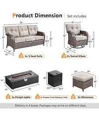 Pocassy 7 Pieces Outdoor Patio Furniture Set with Fire Pit Table, Wicker Swivel Rocking Chairs Conversation Sets 5inch Cushion
