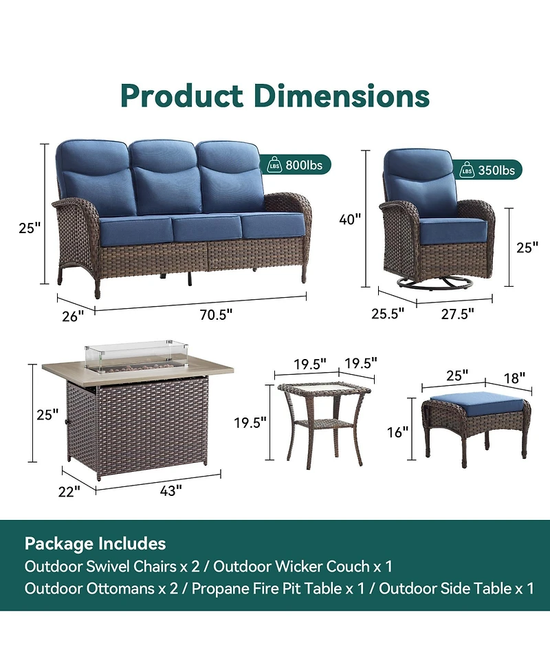 Pocassy 7pieces Patio Furniture Set with 6-inch Thick Cushion, Outdoor Wicker Conversation Fire Pit Table, Swivel Chairs, Sofa, Side Table