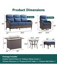 Pocassy 7pieces Patio Furniture Set with 6-inch Thick Cushion, Outdoor Wicker Conversation Fire Pit Table, Swivel Chairs, Sofa, Side Table