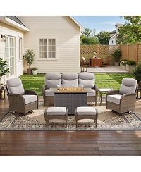 Pocassy 7pieces Patio Furniture Set with 6-inch Thick Cushion, Outdoor Wicker Conversation Fire Pit Table, Swivel Chairs, Sofa, Side Table
