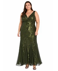 R & M Richards Plus V-Neck Sequined Gown