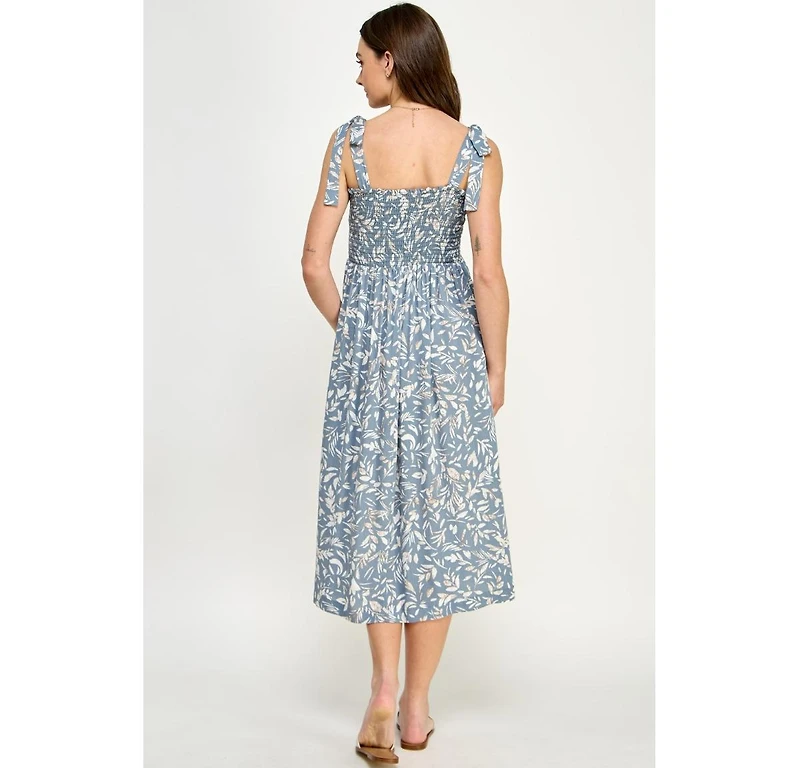 Hello Miz Women's Maternity Floral Smocked Sleeveless Tie-Shoulder Midi Dress