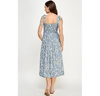 Hello Miz Women's Maternity Floral Smocked Sleeveless Tie-Shoulder Midi Dress