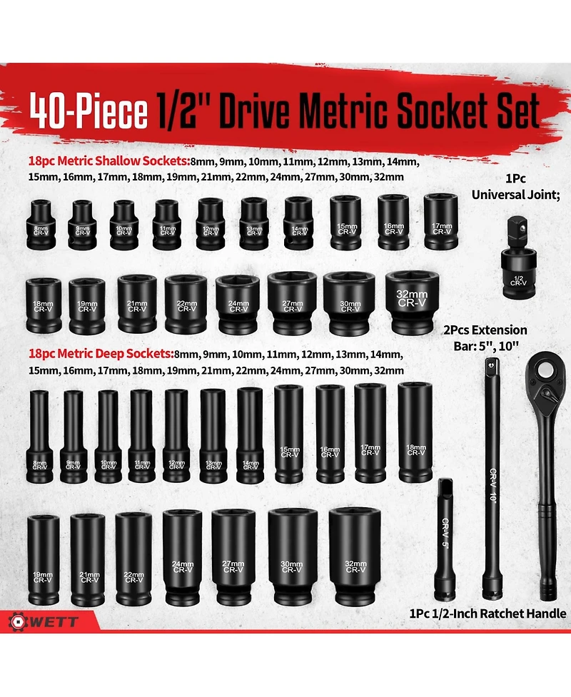 Xdovet 1/2inch Drive Impact Socket Set Metric Wrench Heavy Duty Standard Deep Shallow Ratchet Handle Extension Bar Universal Joint