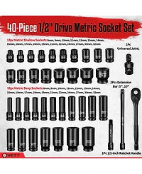 Xdovet 1/2inch Drive Impact Socket Set Metric Wrench Heavy Duty Standard Deep Shallow Ratchet Handle Extension Bar Universal Joint