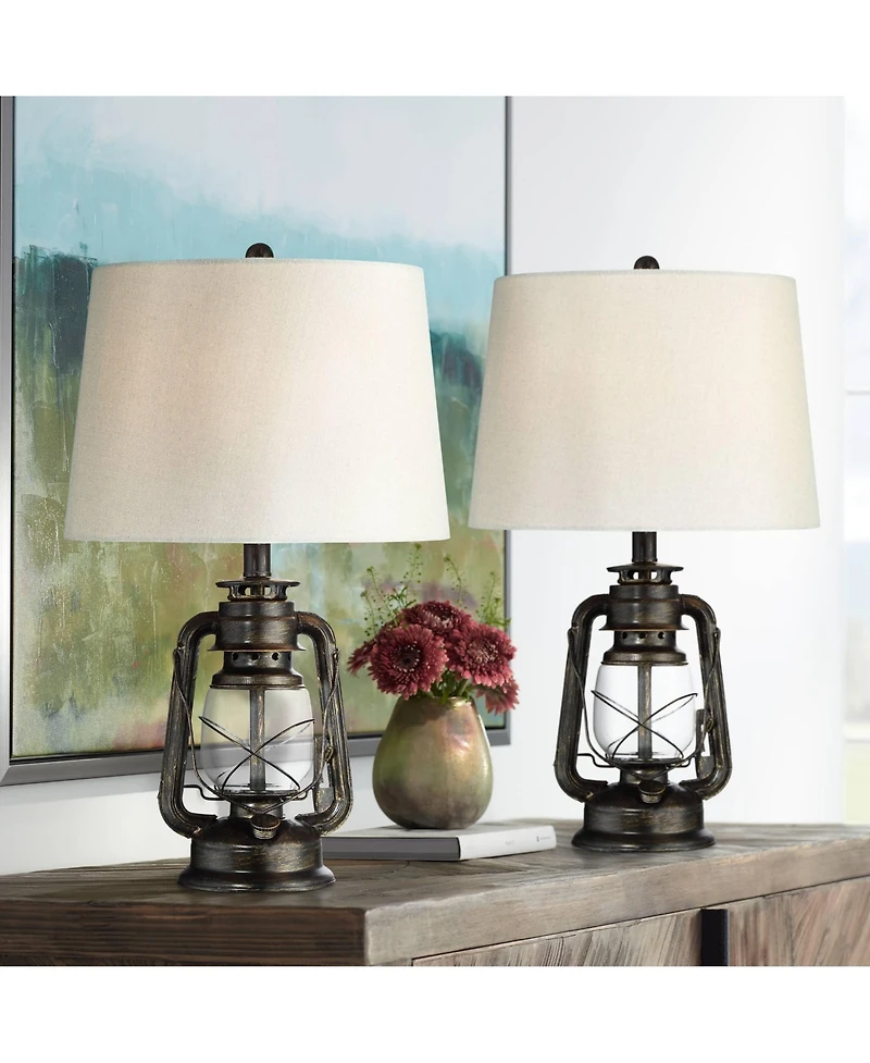 Franklin Iron Works Murphy 23" High Miner Lantern Industrial Accent Table Lamps Set of 2 Weathered Finish Metal