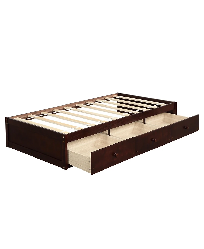 Boyel Living Twin Platform Bed with 3 Drawers, Solid Pinewood Storage Frame, Wood Finish, for Kids and Teens