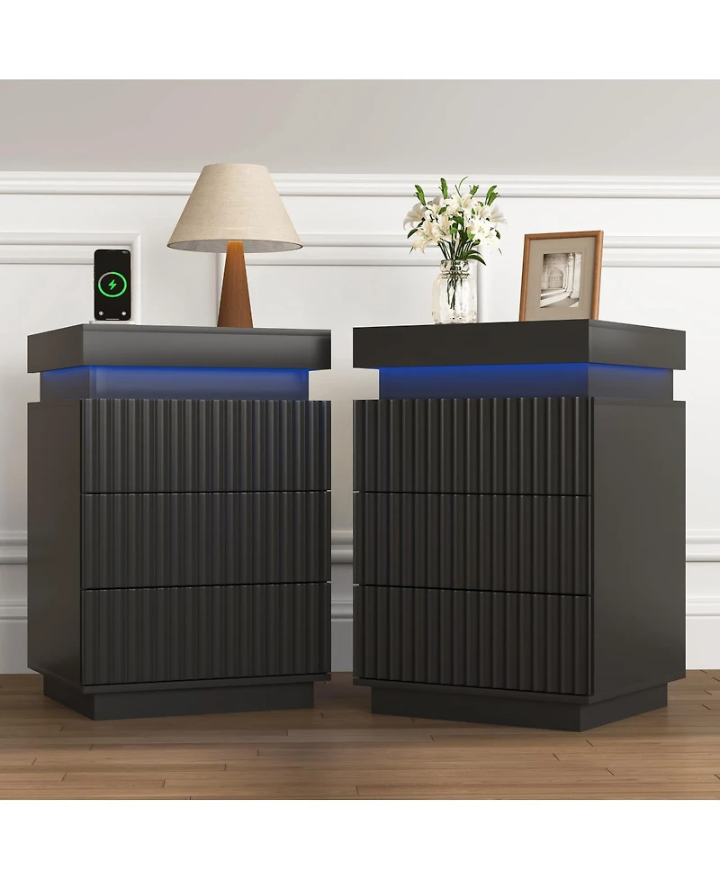 Streamdale Furniture (Set of 2) End Table with Usb Charging 2 Drawers and Led Lights