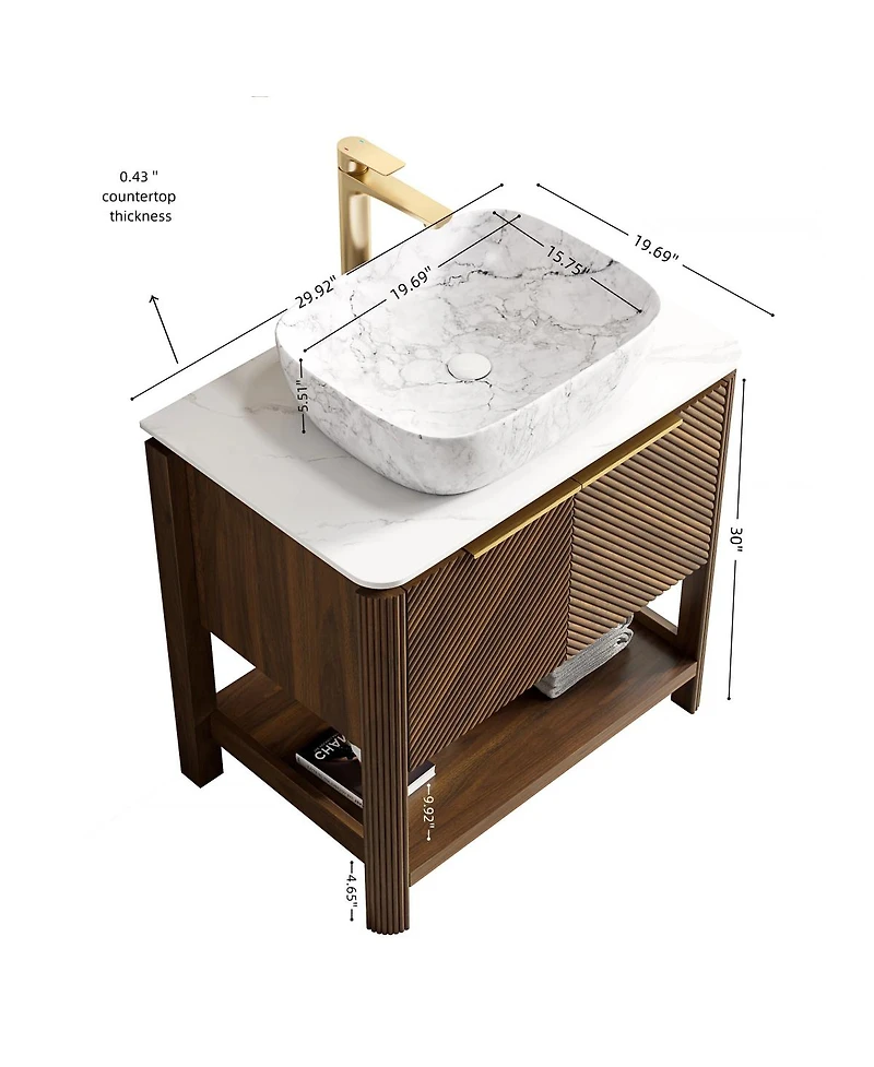 Sillysis Modern Bathroom Vanity with Vessel Sink, Sintered Stone Countertop, Soft Close Solid Wood 3D Doors