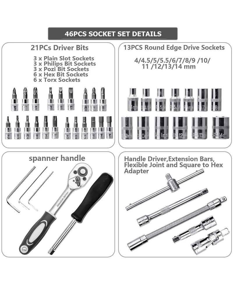Xdovet Socket Set Metric Ratchet Wrench 4-14mm Cr-v S2 Bits Extension Bars Mechanic Tool Kit
