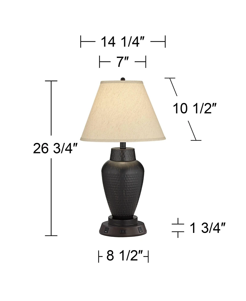 Regency Hill Modern Table Lamp with Usb and Ac Power Outlet Workstation Charging Base 25" High Hammered Empire Shade for Living Room Desk