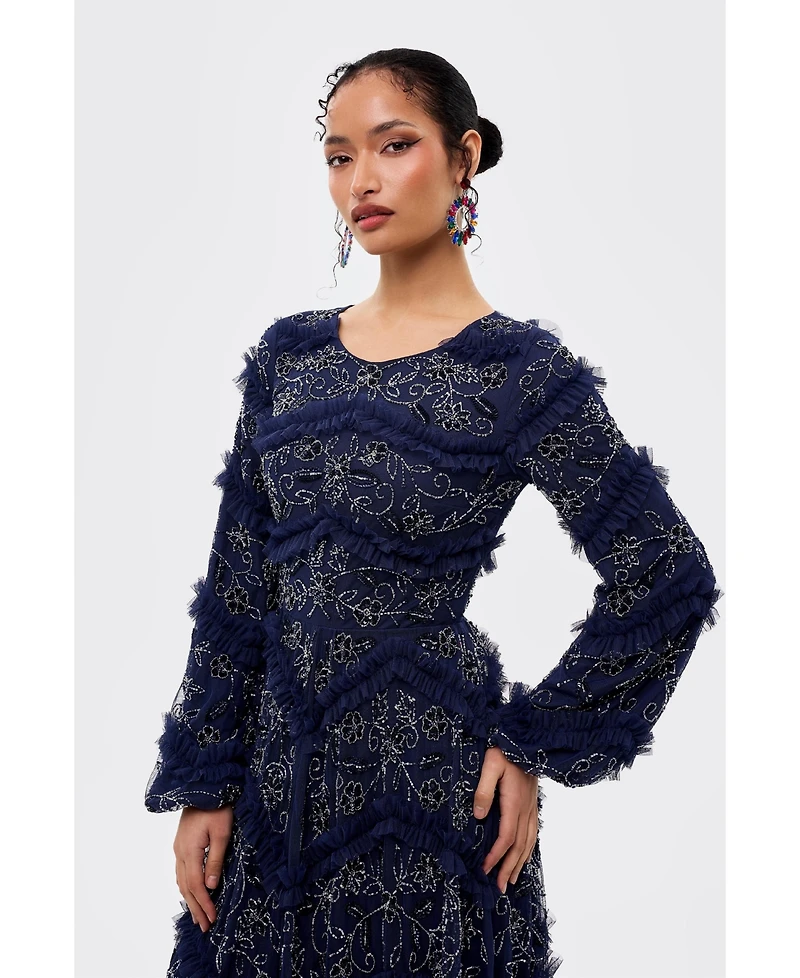 Maryisa Women's Modest Embellished Sequins Ruffle Maxi Dress