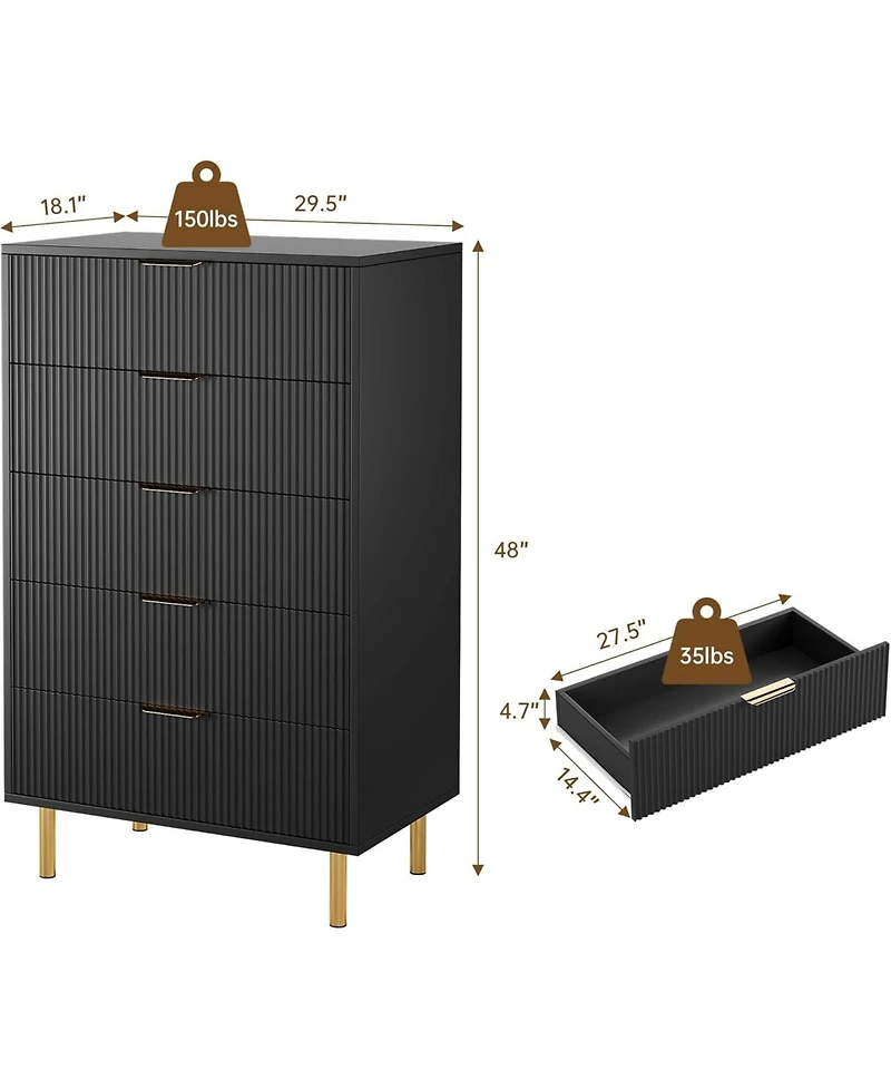 gaomon 5 Drawer Dresser for Bedroom, 48" Tall Modern Chest of Drawers with Metal Handles & Anti-Tipping Device, Fluted Wooden Organizer