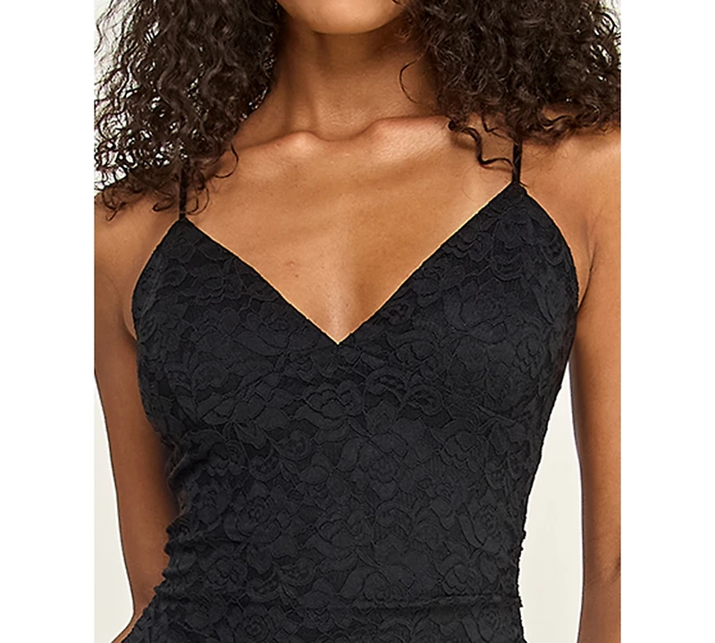 Katia Rae Juniors' Handkerchief Hem V-Neck Lace Midi Dress