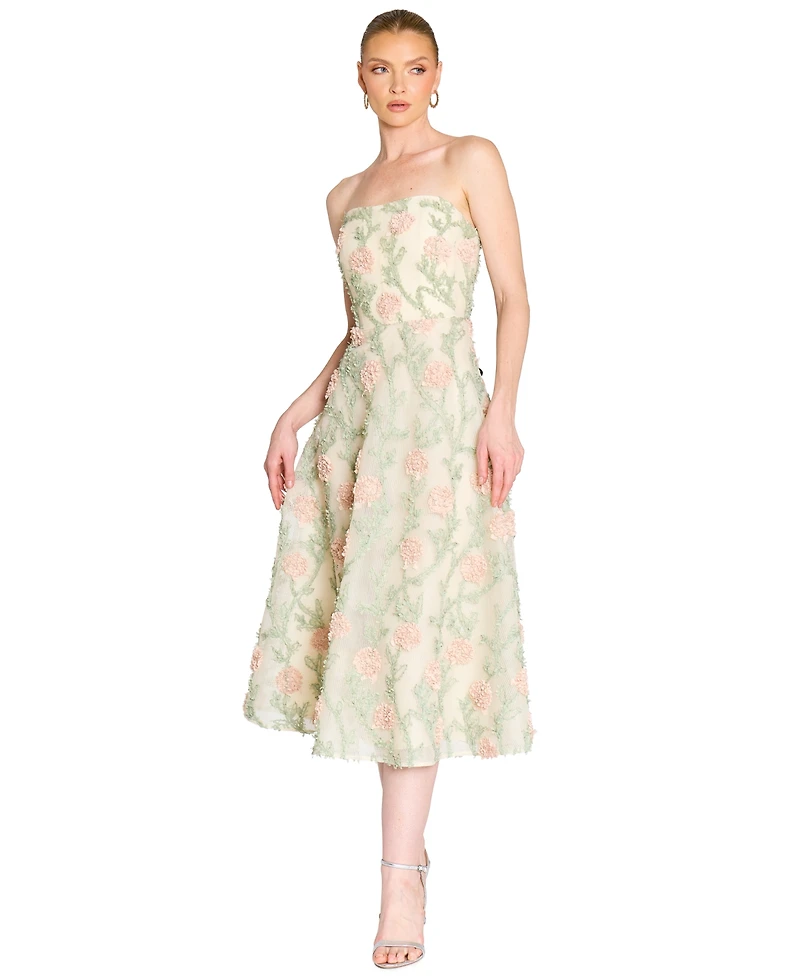 Marchesa Notte Women's Midi Strapless 3D Floral Embroidery Dress