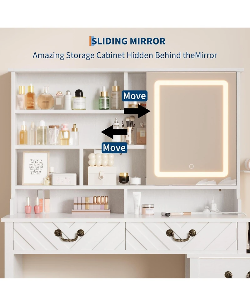gaomon Vanity Desk with Sliding Mirror, Led Lights, Charging Station, Hair Dryer Rack, Stool, Drawers and Storage Modern Extendable Makeup Table