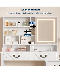 gaomon Vanity Desk with Sliding Mirror, Led Lights, Charging Station, Hair Dryer Rack, Stool, Drawers and Storage Modern Extendable Makeup Table