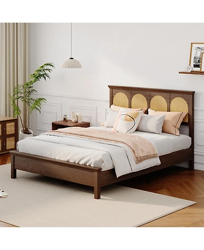 homfan Bed Frame with Rattan Headboard